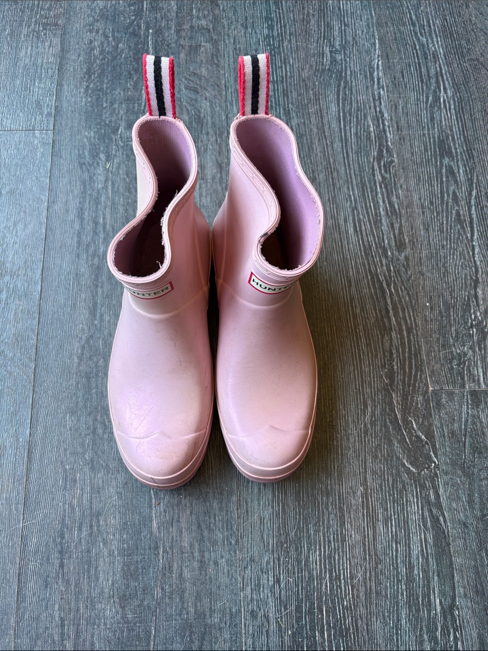 Hunter Light Pink Short Chelsea Rain Boots with Striped Pull Tabs